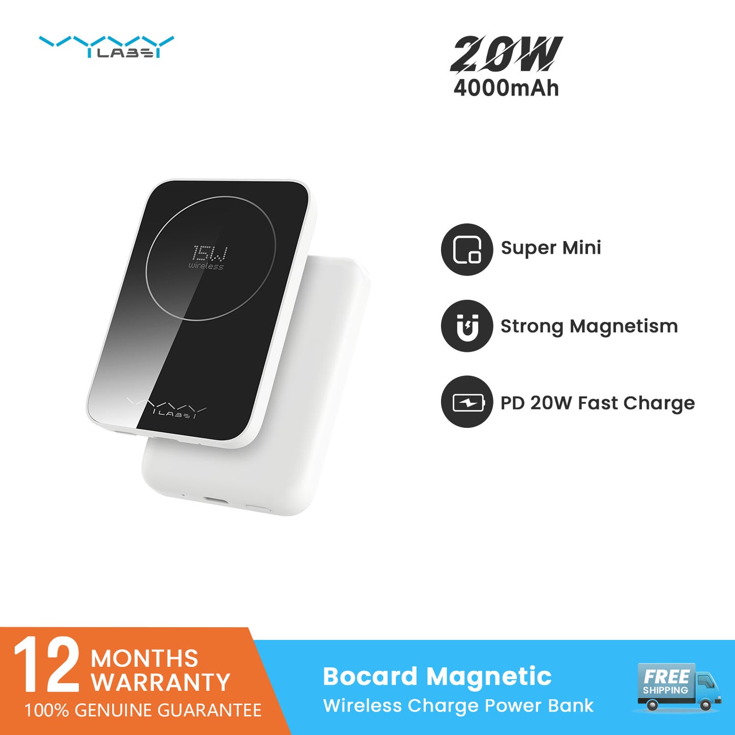 Vyvylabs Bocard Magnetic Mini Wireless Fast Charge Power Bank 4000mAh 20W