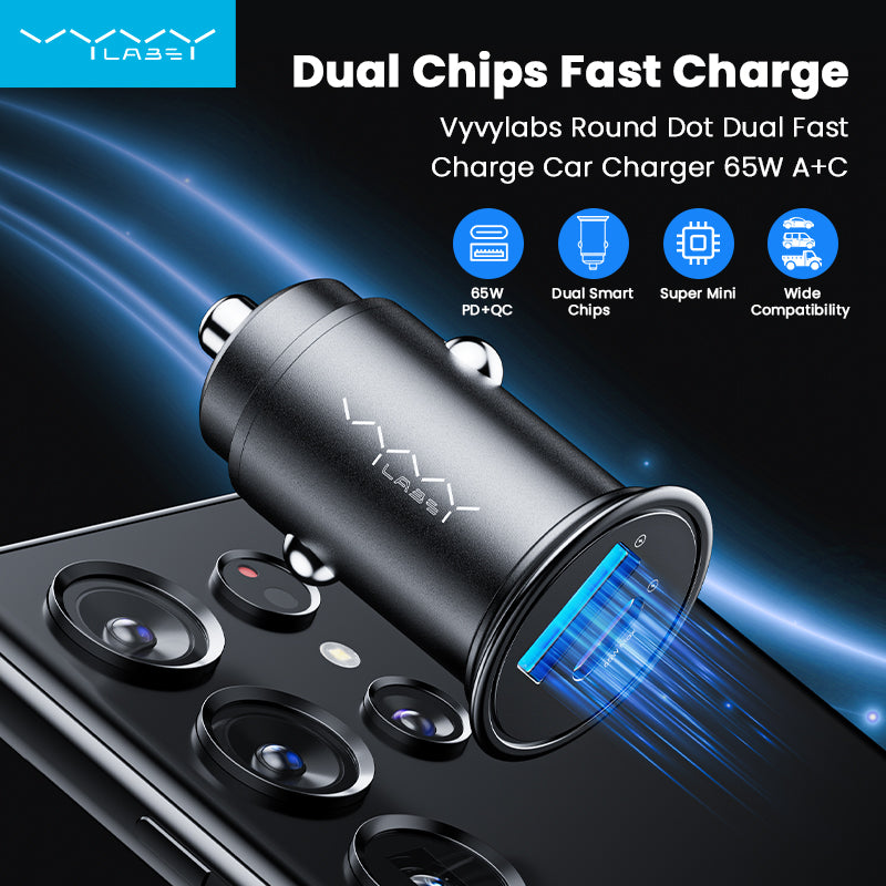 Vyvylabs Round Dot Dual Fast Charge Car Charger 65W A+C Compact and Reliable - Black