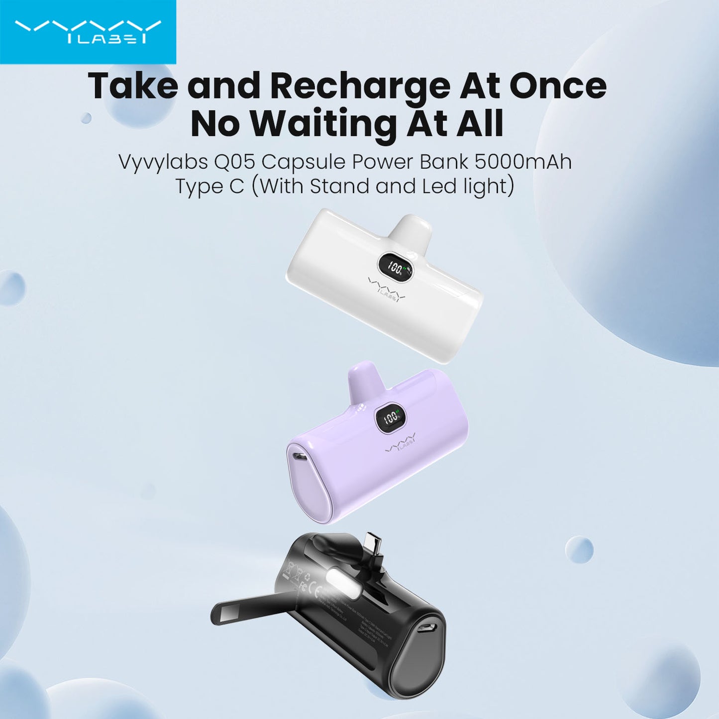 Vyvylabs Q05 Capsule Power Bank 5000mAh (With Stand and Led light)- purple
