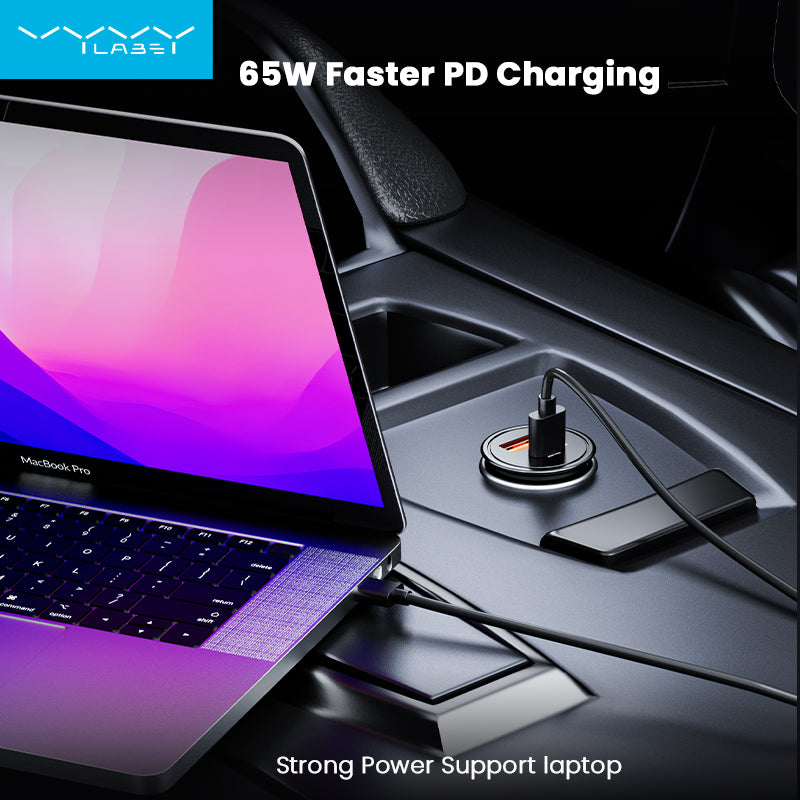 Vyvylabs Round Dot Dual Fast Charge Car Charger 65W A+C Compact and Reliable - Black