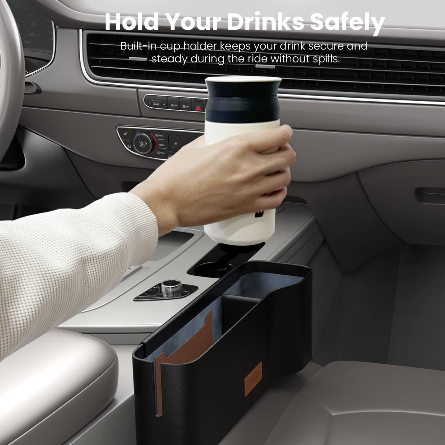 Car Storage Box With Cup Holder and Large Capacity - Black