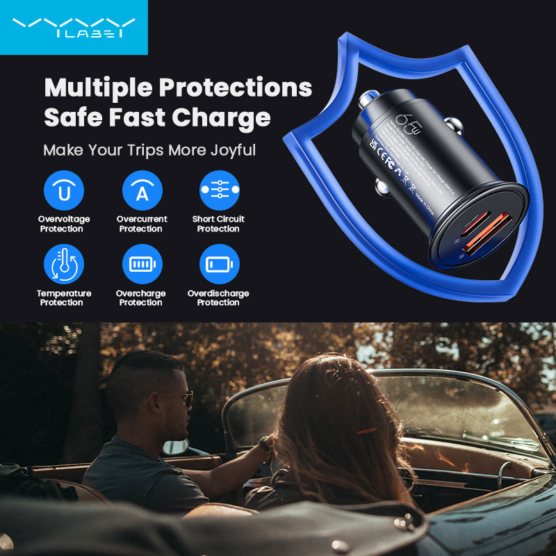 Vyvylabs Round Dot Dual Fast Charge Car Charger 65W A+C Compact and Reliable - Black