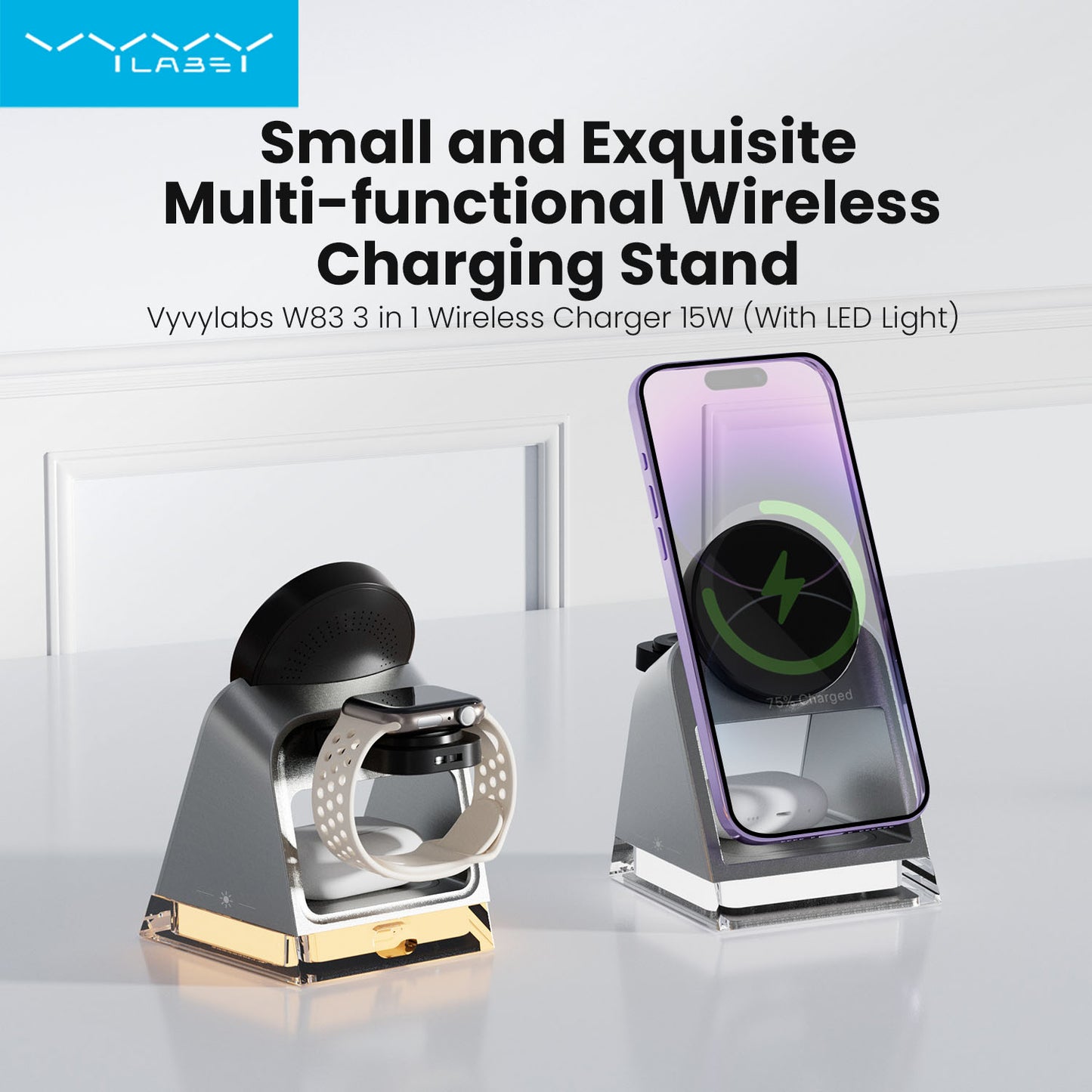 Vyvylabs W30 3 in 1 Wireless Charger 15W With LED Light