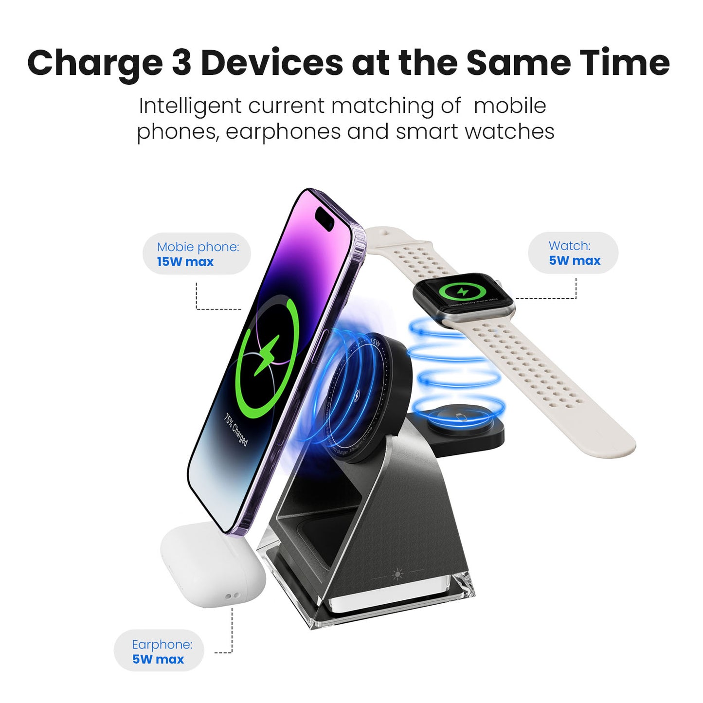 Vyvylabs W30 3 in 1 Wireless Charger 15W With LED Light