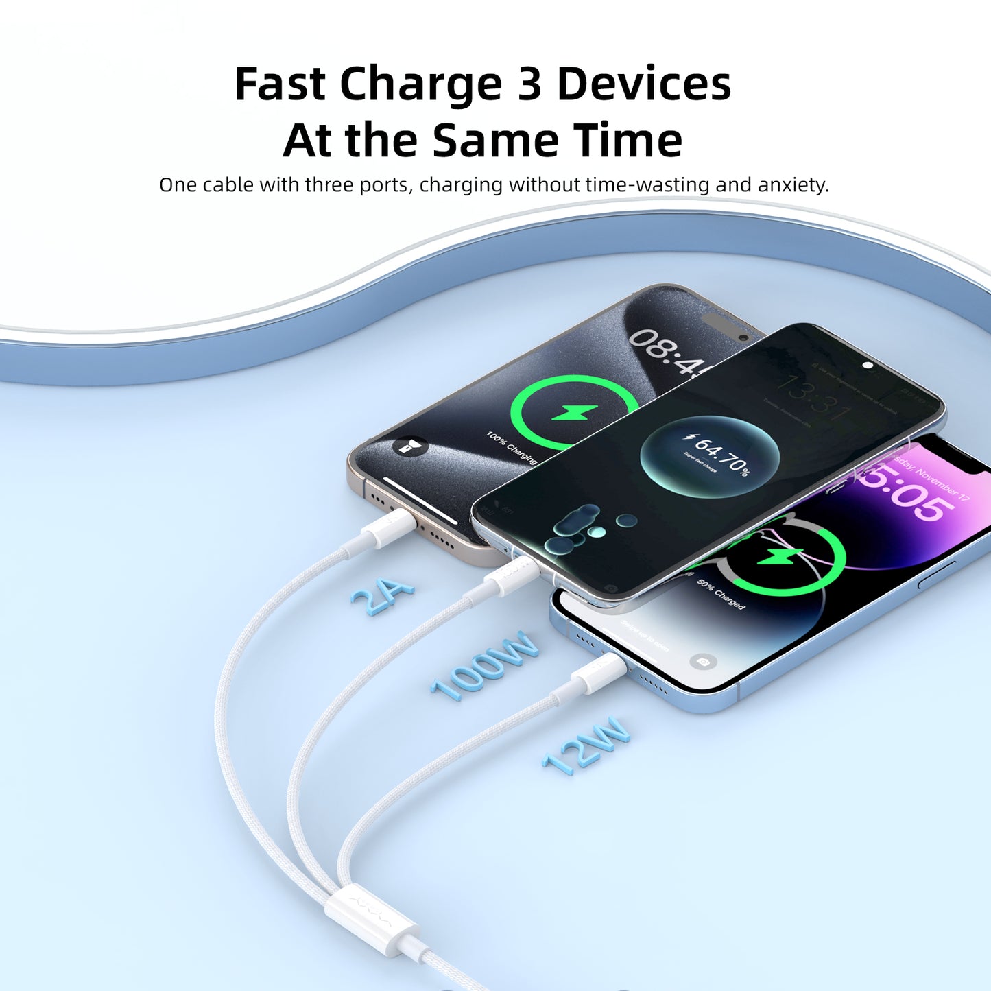 Vyvylabs Prime Series 3 in1 Fast Charging Cable USB to 2C+L 100W 1.5M White