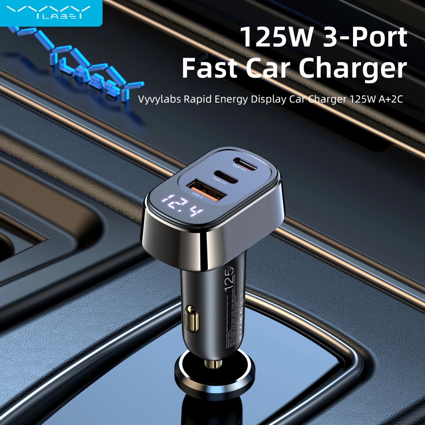 Rapid Energy Display Car Charger 125W A+2C 3-Port Fast Car Charger