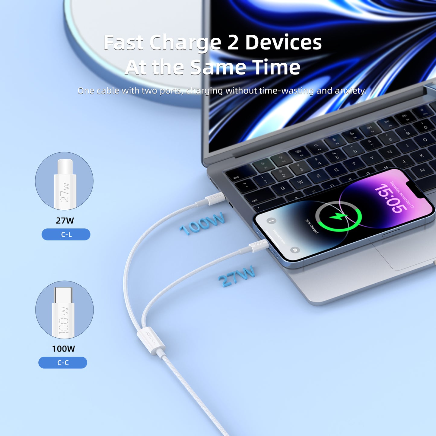 Vyvylabs Prime Series 2 in1 Fast Charging Cable Type-C to C+L 100W 1.5M White