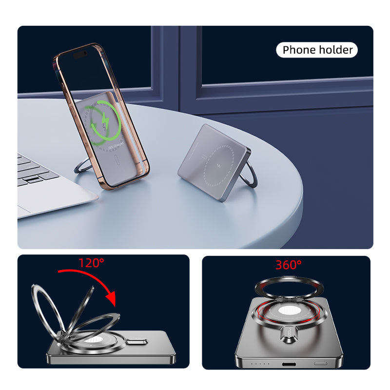 Super Mini Metal Magnetic Wireless Charger Power Bank 5000mAh 20W With Stand - Gray