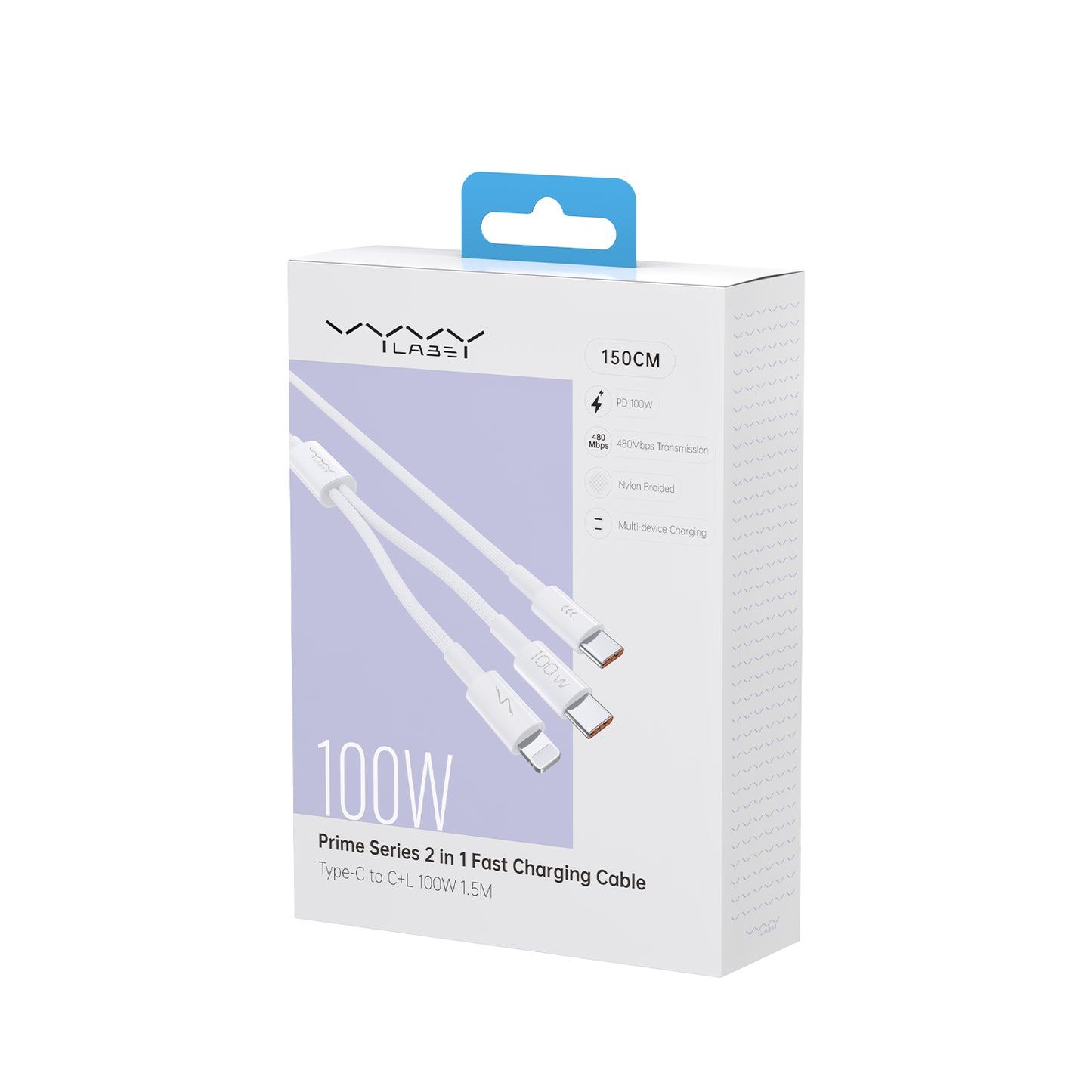 Vyvylabs Prime Series 2 in1 Fast Charging Cable Type-C to C+L 100W 1.5M White
