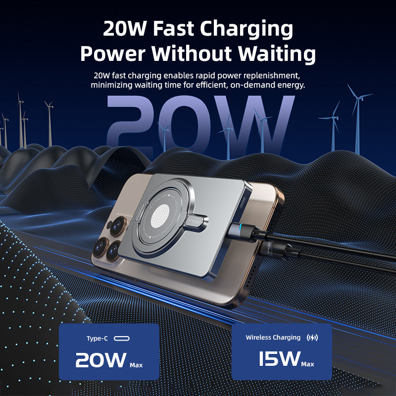 Super Mini Metal Magnetic Wireless Charger Power Bank 5000mAh 20W With Stand - Gray