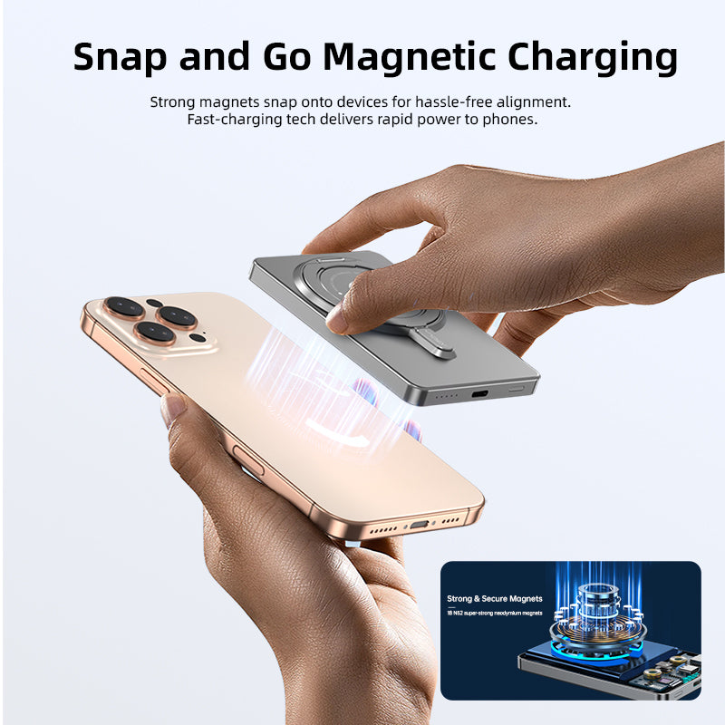 Super Mini Metal Magnetic Wireless Charger Power Bank 5000mAh 20W With Stand - Gray