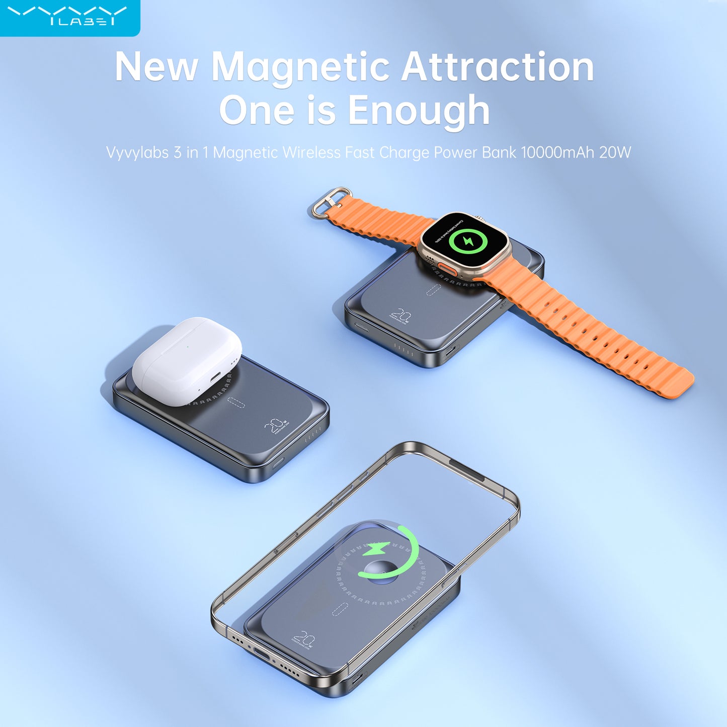 Vyvylabs 3 in 1 Magnetic Wireless Fast Charge Power Bank 10000mAh 20W