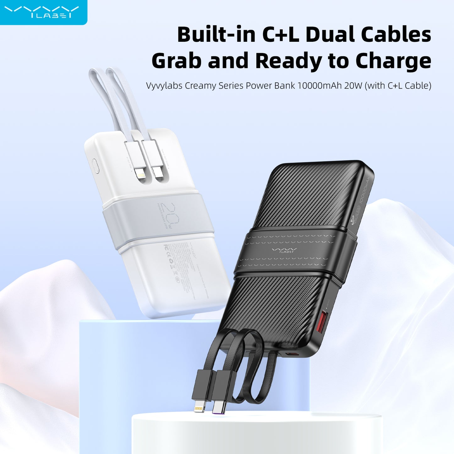 Vyvylabs Creamy Power Bank 10000mAh 20W With Dual Cable C+L - White