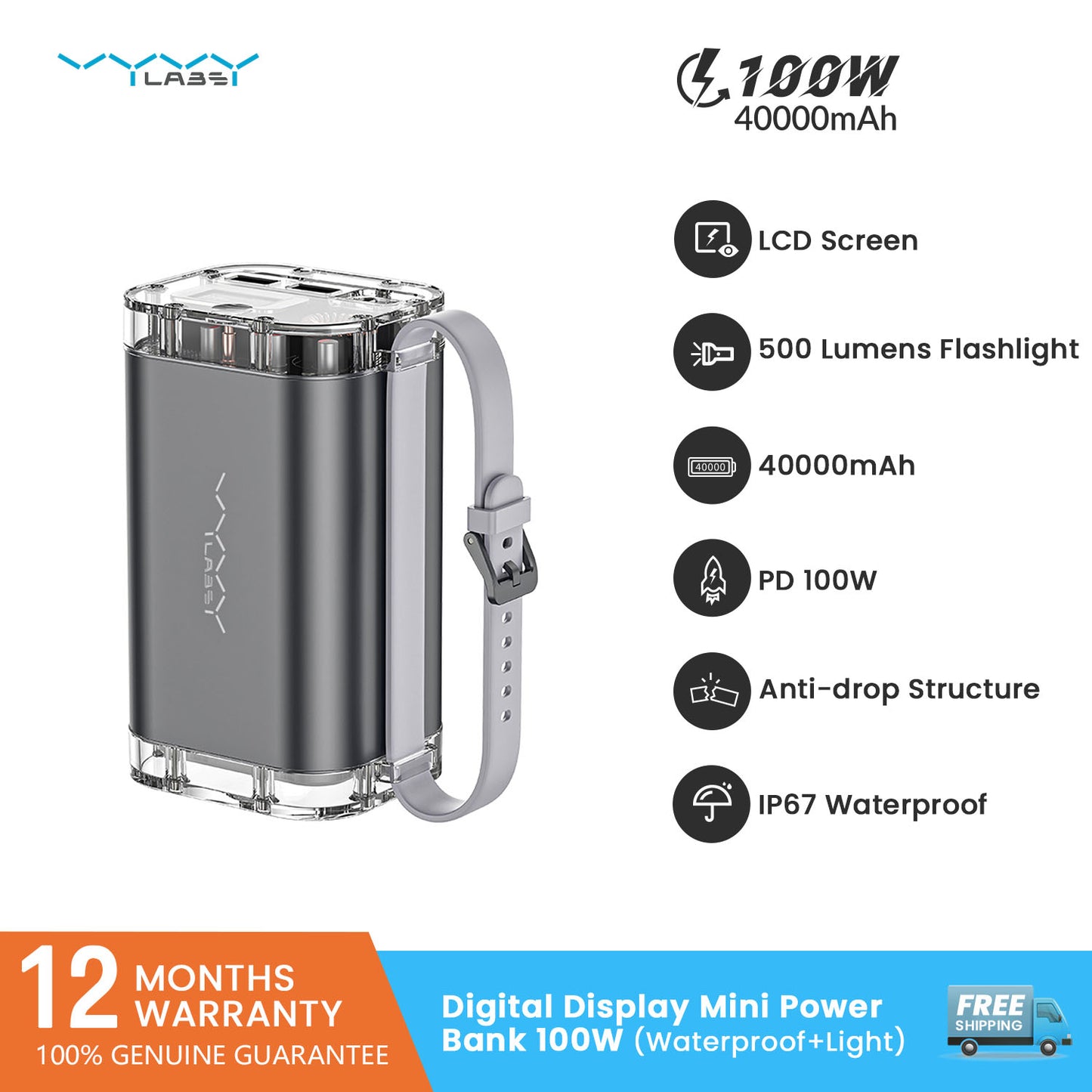 Outdoor Power Bank Digital Display 40000mAh 100W (Waterproof+Light)