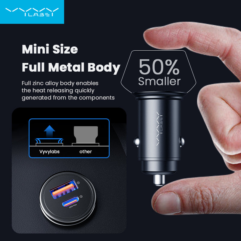 Vyvylabs Round Dot Dual Fast Charge Car Charger 65W A+C Compact and Reliable - Black