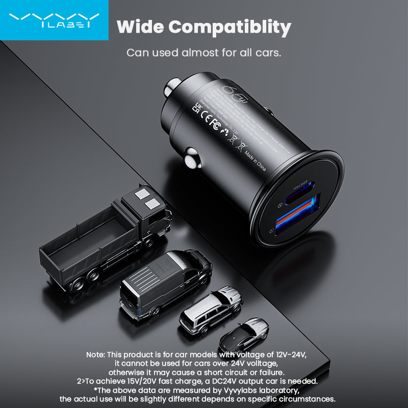 Vyvylabs Round Dot Dual Fast Charge Car Charger 65W A+C Compact and Reliable - Black
