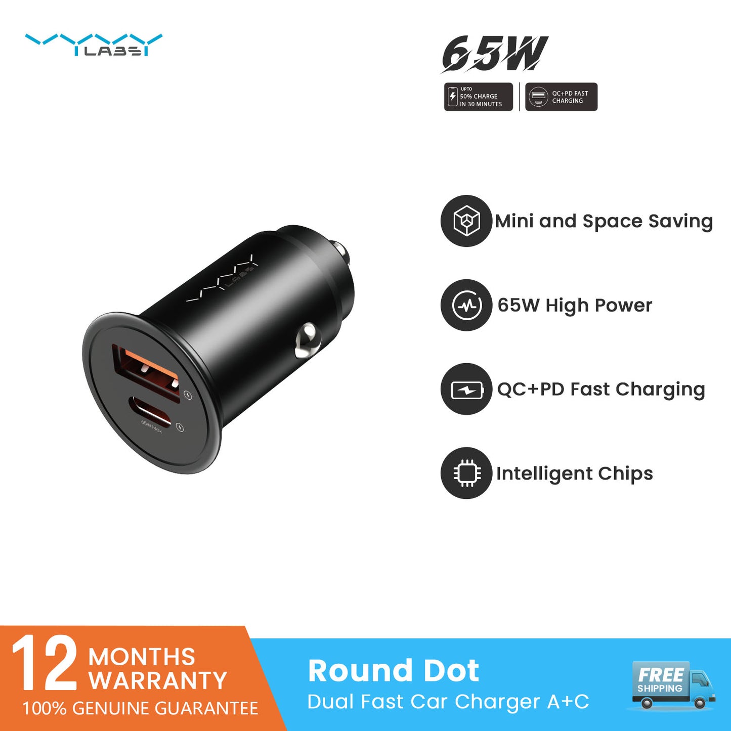 Vyvylabs Round Dot Dual Fast Charge Car Charger 65W A+C Compact and Reliable - Black