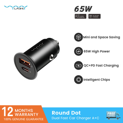 Vyvylabs Round Dot Dual Fast Charge Car Charger 65W A+C Compact and Reliable - Black