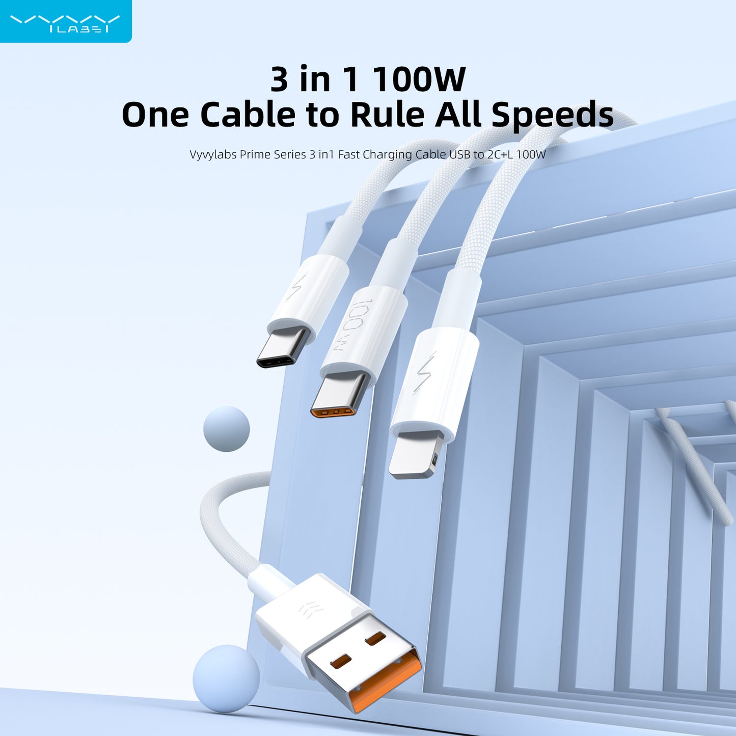 Vyvylabs Prime Series 3 in1 Fast Charging Cable USB to 2C+L 100W 1.5M White