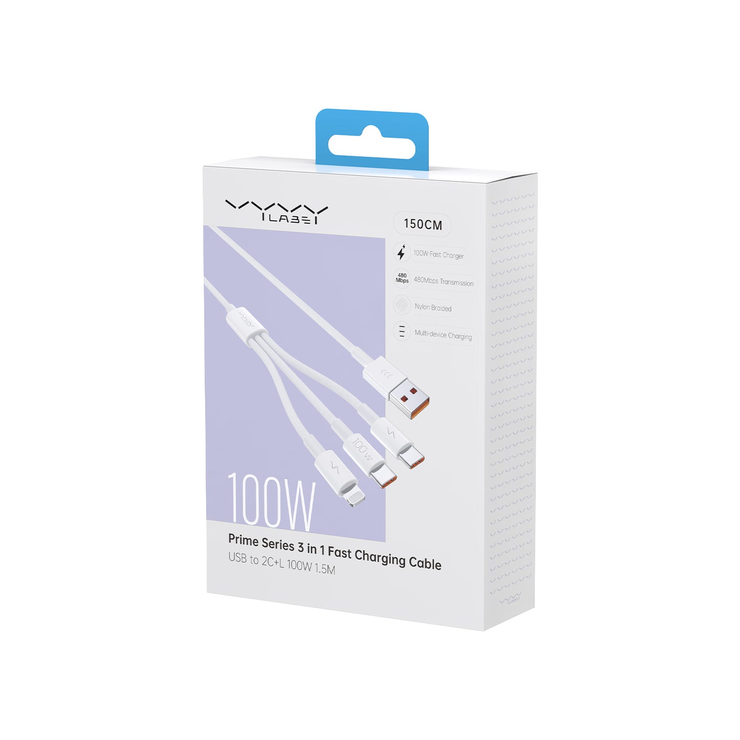 Vyvylabs Prime Series 3 in1 Fast Charging Cable USB to 2C+L 100W 1.5M White